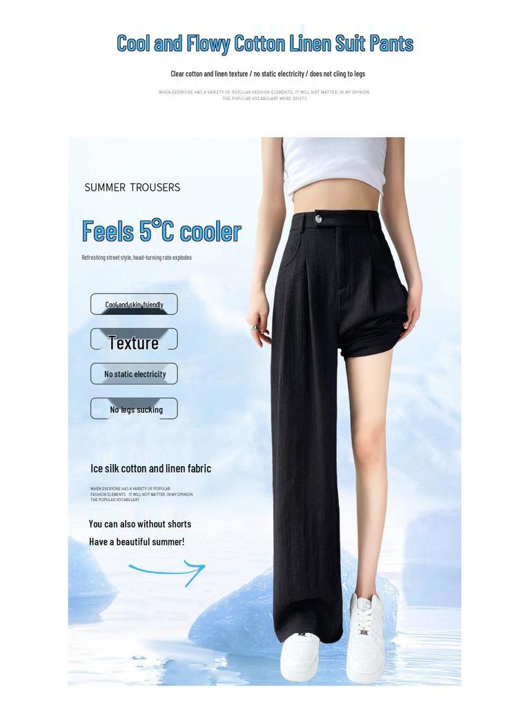 2026 Summer Women's High Waist Ice Silk Cotton Linen Wide-Leg Pants - Yamamoto Style Sun Protection