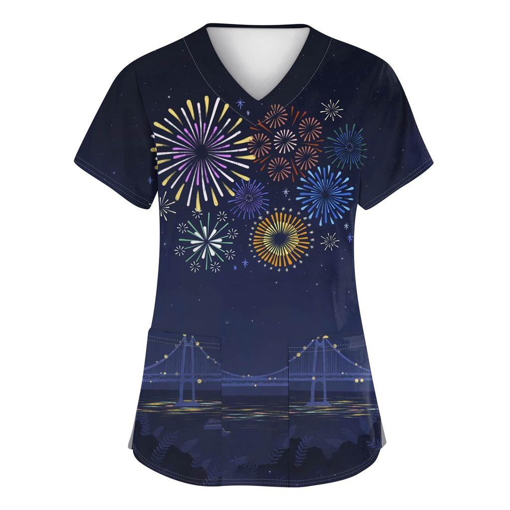 Women's Fashion Printed Short Sleeve V Neck Pattern Tops Pocket Working T-shirts