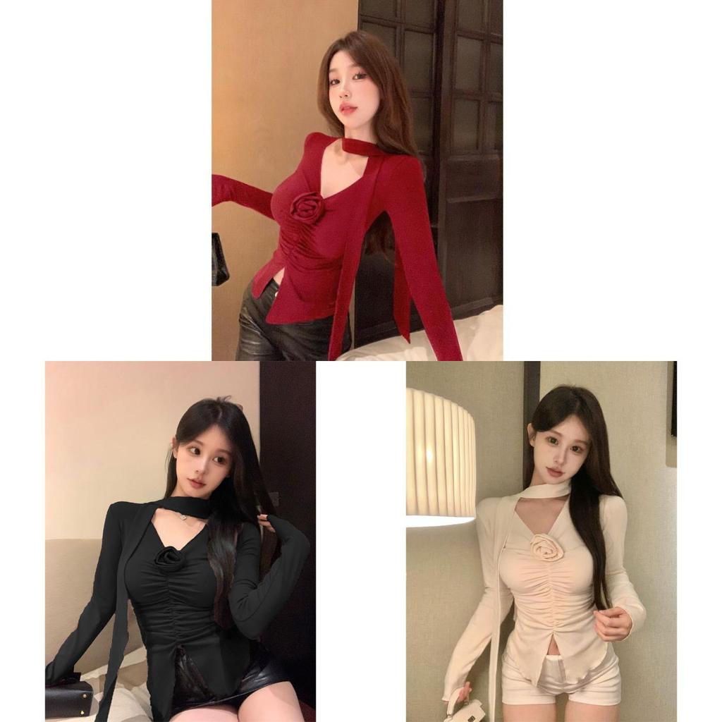 Long Sleeve Spliced Ruffle Flower V Neck T Shirt For Women Spring Slim Fit Top