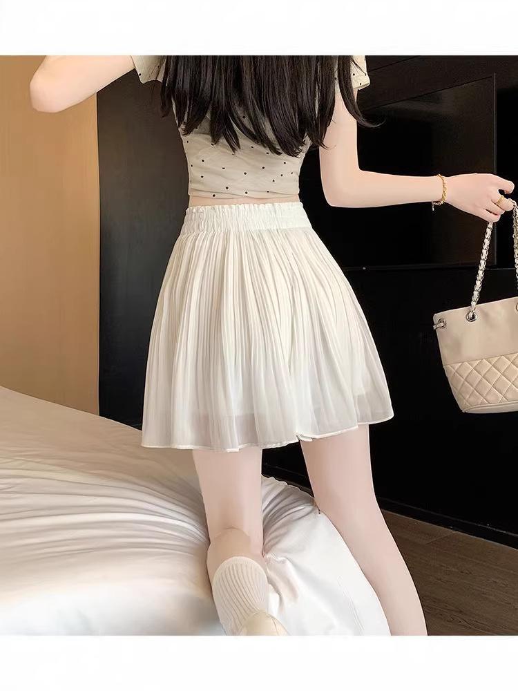Women's Elastic Waist Pleated Chiffon Mini Skirt - Anti-Exposure, Slimming, Age-Reducing, Versatile Loose Fit for Spring/Summer.