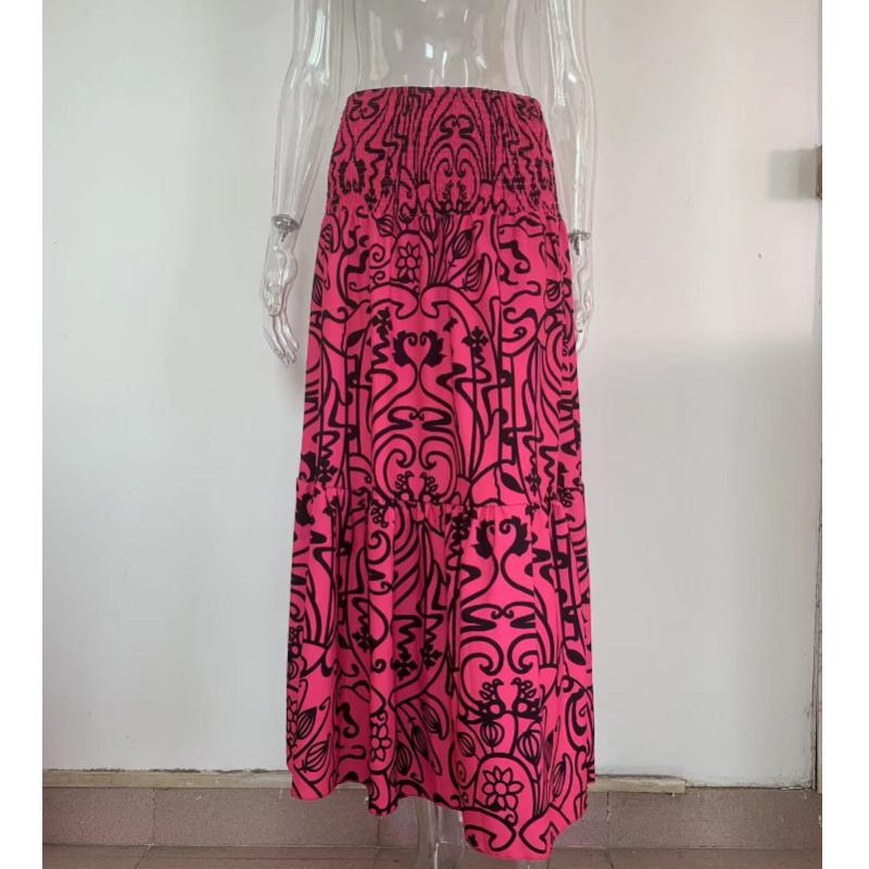 Plus-size Women Printing A-line Skirts Summer Loose Casual Elastic Waist Long Skirts Casual High Waisted Maxi Skirts