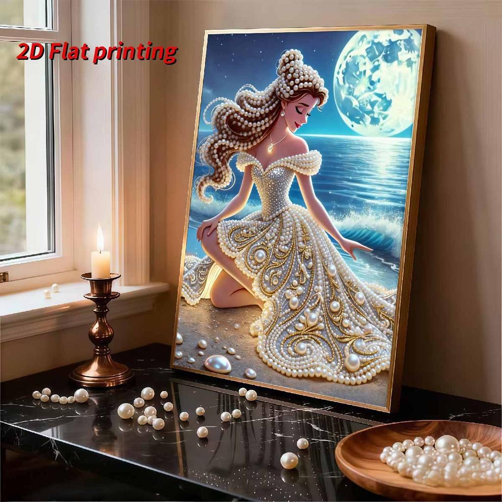 Ocean Princess Series Pearl Effect Frameless Art | Moonlit Sea & Shell Luxury Accents | Atmospheric Wall Art for Modern Home & Gallery