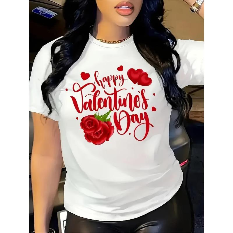 

European Size Women S Vintage-Inspired Happy Valentine S Day Red Rose&Heart Print T-Shirt-Round Neck Top with Cursive Lettering, with Red Rose Design 4XL білий