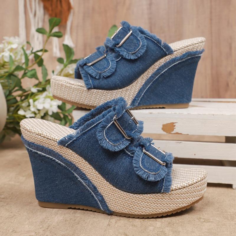Women's Denim Platform Flip-Flops Summer New Round Toe Open Toe Metal Belt Buckle Slide-Proof Heels