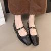 Medium heel retro one-word chain shallow mouth leather shoes 2025 new spring and summer square head versatile Mary Jane single shoes women