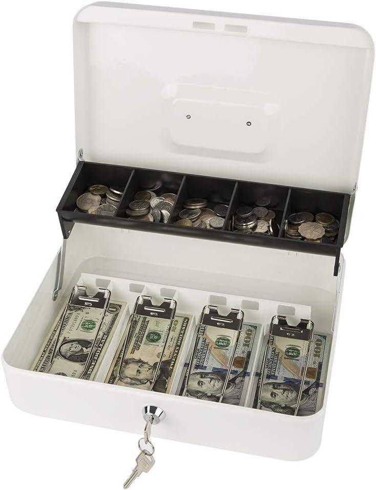 Money Box For Cash Saving Locking Cash Box With Money Tray Metal Money Saving Organizer 4 Bill/5 Coin Slots Cash Register Drawer