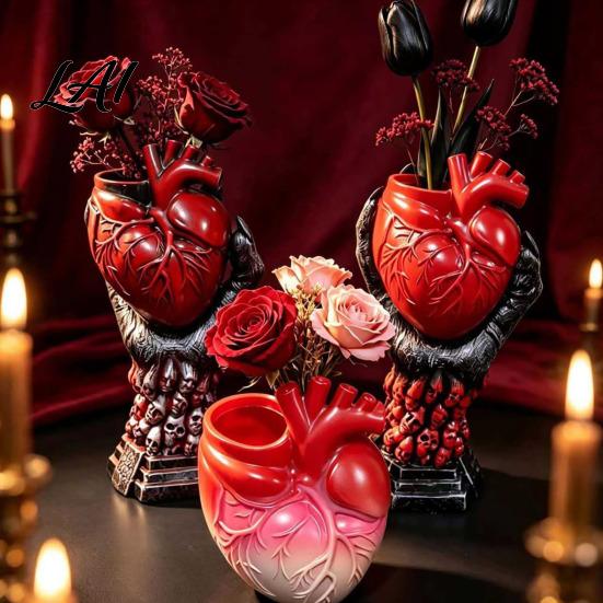 Skull Base Ornament Hand Holding Human Heart Organ Vase Gothic Anatomical Shaped Planter Spooky Halloween Desktop Flower Pot for Living Room