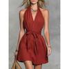 Damen Halter V-Ausschnitt Bindegürtel Minikleid Ärmellos Lässig Einfarbige A-Linien-Kleid