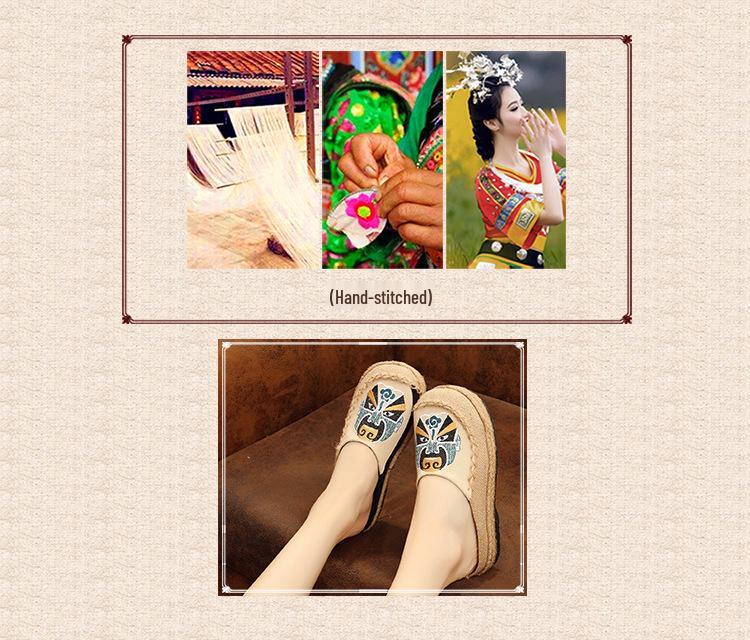 Taigu Mi Ma Peking Opera Face Embroidered Espadrilles: Handmade Cloth Shoes, Linen, Mori Girl Style.