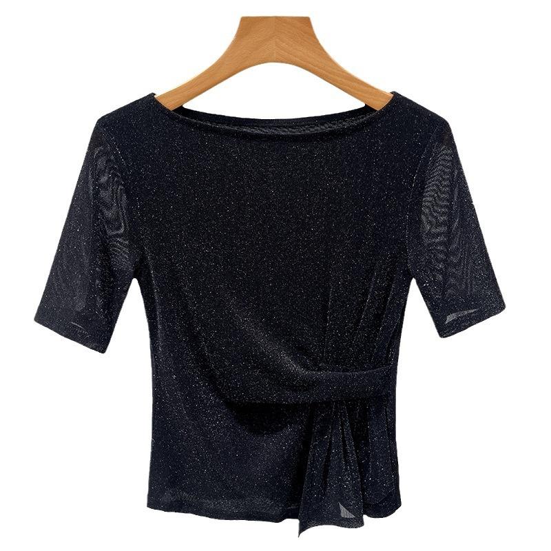 Medium-sleeved T-shirt Women's New Women's Clothing Temperament One-word Shoulder Foreign-style Small Shirt Umbrella Pendulum Waist Top