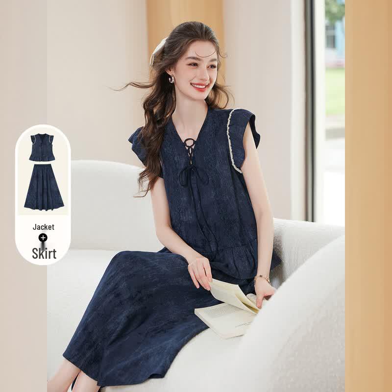 Women s V-Neck Ruffle Top & Tie-Waist Skirt Set S