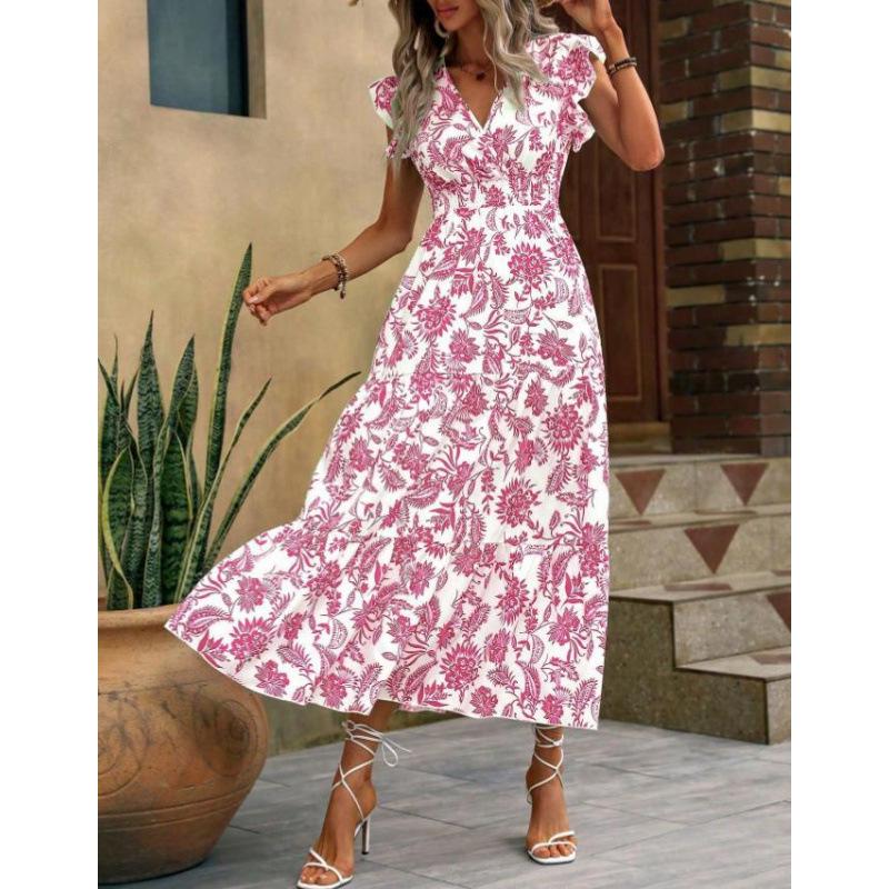 Yahua Women's Bohemian V-Neck Floral Dress - Elegant Summer Waist-Cinching Commuter Style 2026