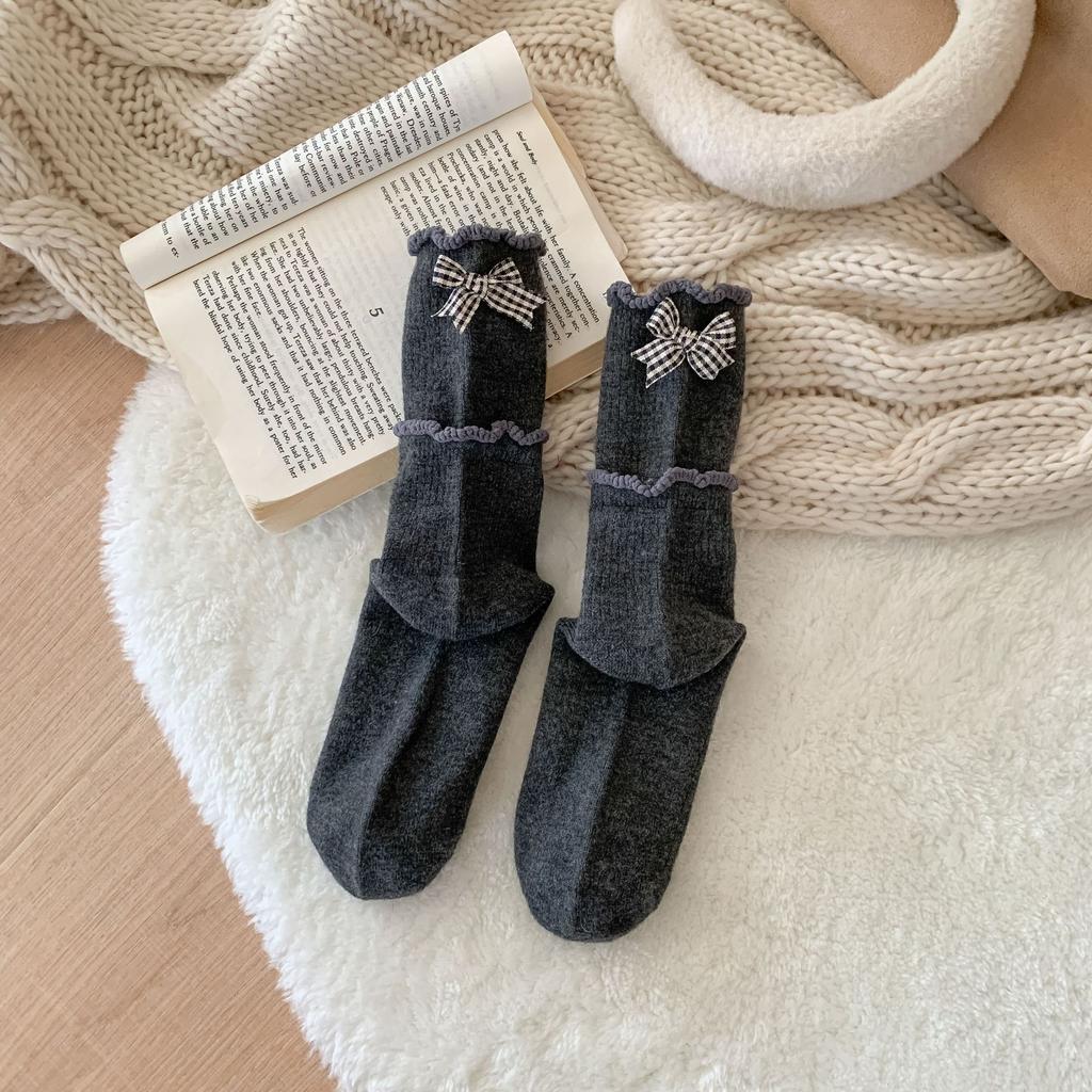 Winter Warm Fleece Socks, College Style Flanging Embroidered Stacking Socks, Children'S Lace Medium Tube Warm Socks