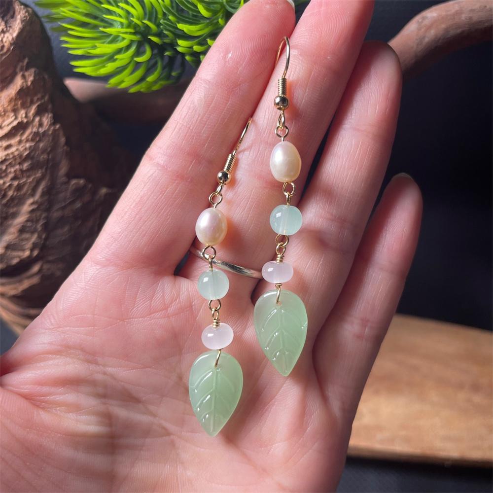 Vintage 14K Gold HeTian Jade RuYi Dropping Dangle Earring Chinese Retro Hook Earrings for Women Girl's Gift Jewelry