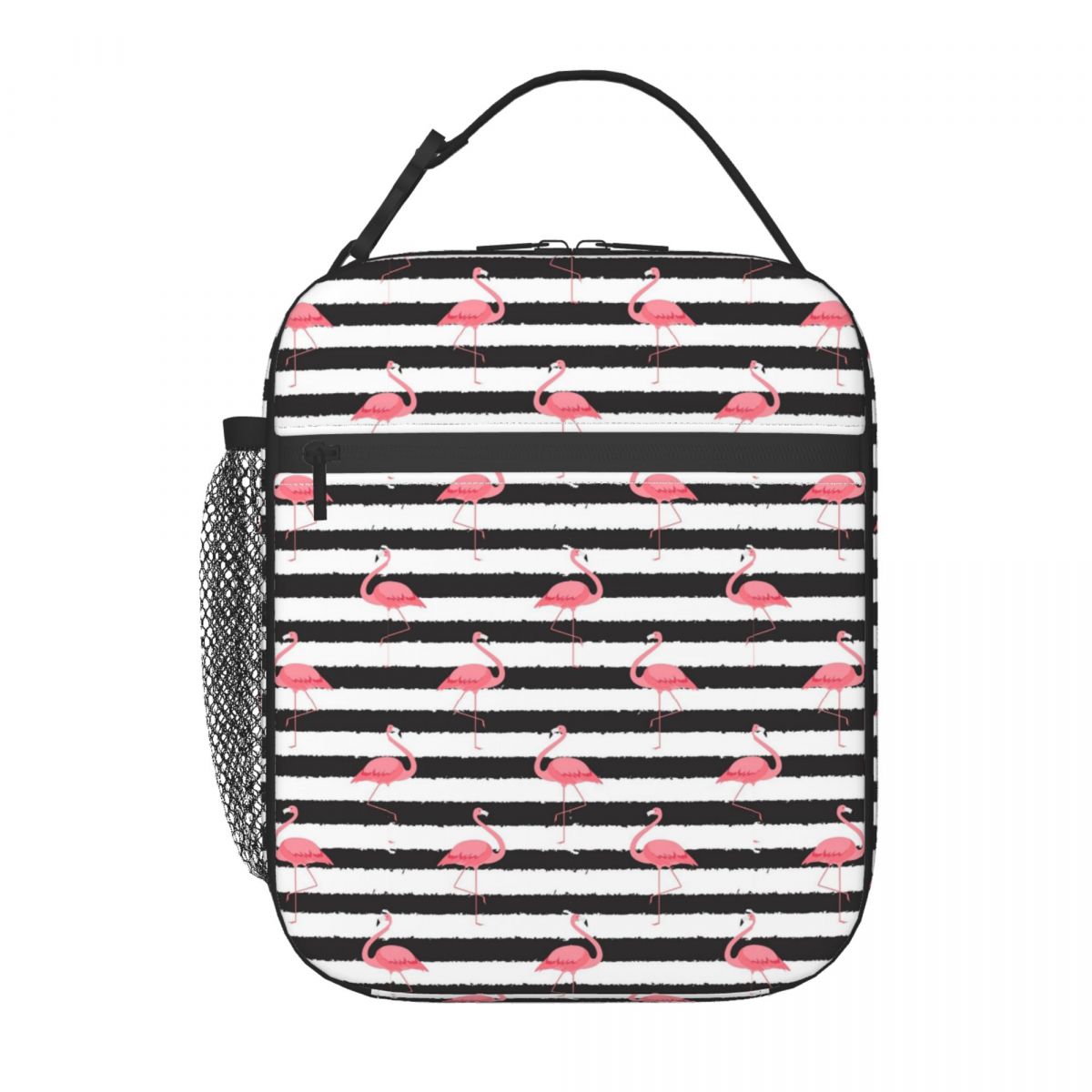 

Black Striped And Cartoon Flamingo Insulated Lunch Bag for School Cooler Thermal Food Box Tote Portable Lunch Boxes Container One Size