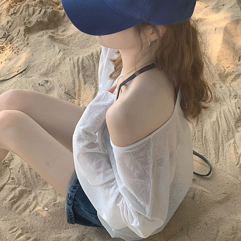 V-neck Sun Protection Shirt Cover for Women's Summer Thin Style, Paired with Ice Silk T-shirt Cover, See Through Long Sleeved Top