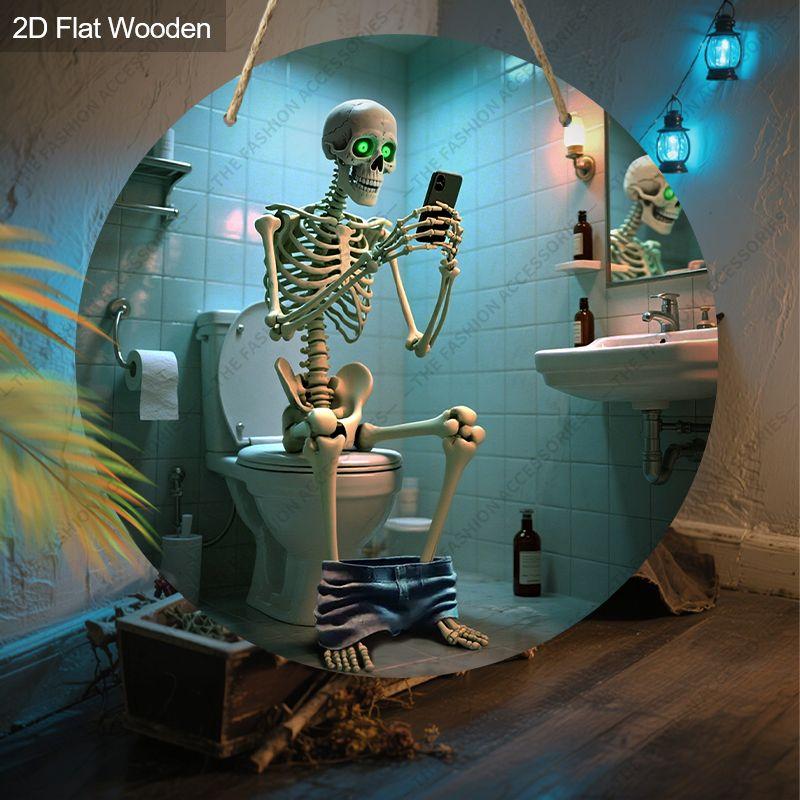 

Деревянные подвесные декоративные таблички, украшения на Хэллоуин, украшения для ванной комнаты, 2D плоские подвески, рисунок - скелет, сидящий на унитазе 2D,Style1,1pc