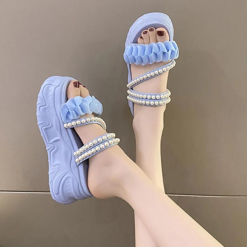 Fashion 8CM Summer Casual High Platform Sandals Women Buckle Strap Slippers Thick Bottom Pearl Sandalias Woman Chunky Beach Shoes Mujer