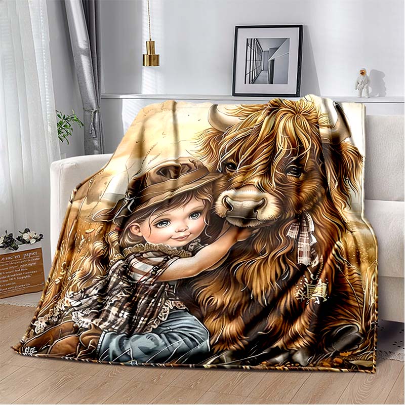 Cute Highland Cow in Purple Truck Print Flannel Blanket, Floral Farm Animal Throw Blanket