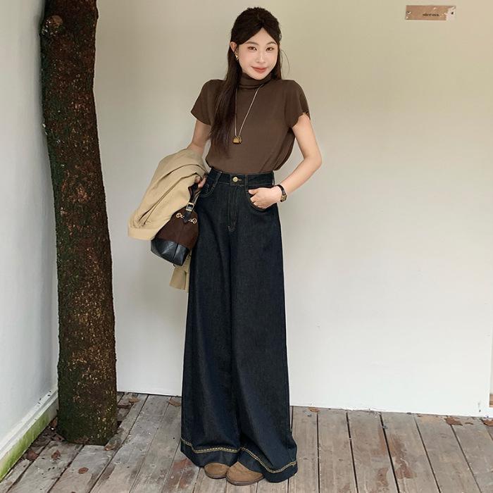 

Women s Black Gold High-Waisted Wide-Leg Elastic Jeans - 2025 Autumn Floor-Length Design 2XL