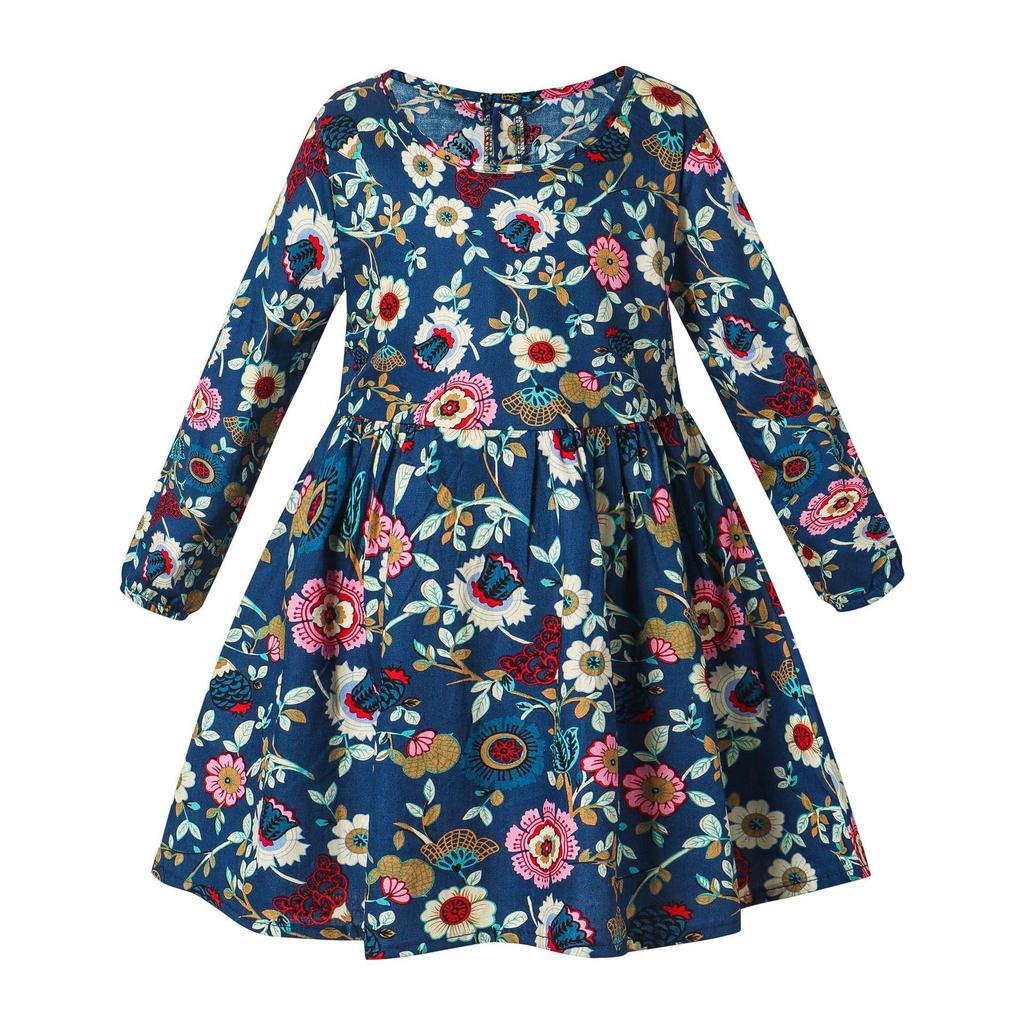 Mädchen Koreanischer Stil Langarm Baumwolle Blumenkleid für Frühling und Herbst