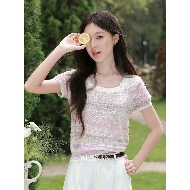 Women s Pink Square Neck Knit Short Sleeve Top M