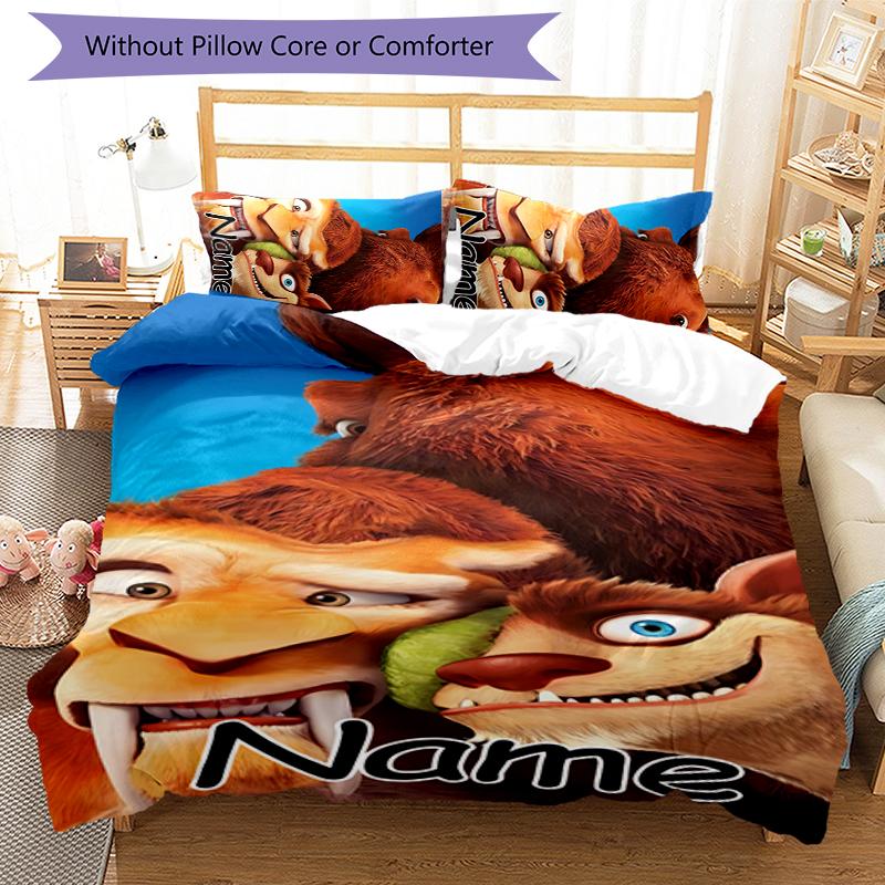 Juego de Ropa de Cama con Nombre Personalizado de Dibujos Animados Ice Age: El Origen de los Dinosaurios, Cierre de Funda Nórdica, Incluye 1 Funda Nórdica y 2 Fundas de Almohada para Todas las Estaciones, Dormitorio