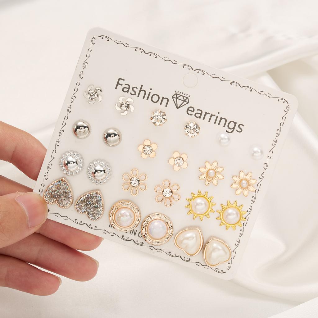 12 Pairs/Lot Heart Flower Earrings Set For Women Rhinestone Simulated Pearl Sun Star Stud Earrings Girls Party Jewelry Wholesale