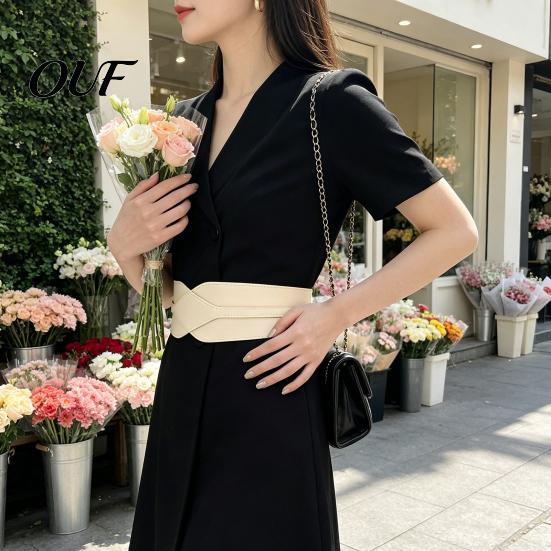 Wear-resistant Imitation Leather Girdle Women's Faux Waist Belt, Wide Elastic Waistband with Metal Crisp Texture Belt for Ladies Buckle, No-Hole