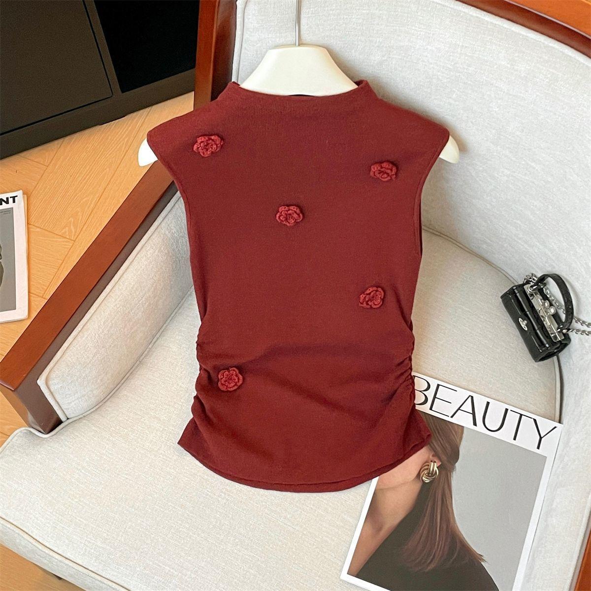 

Женская французская полувысокая горловина 3D цветочный без рукавов майка летняя присборенная талия облегающий шикарный короткий топ L красный