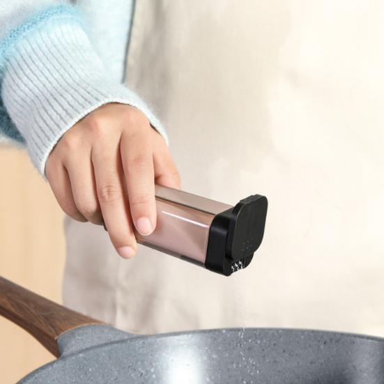 Juego de 4 Tarros de Plástico para Especias con Bandeja Tapa Deslizante con Una Mano Recipientes Transparentes Organizador Compacto para Encimera para Sal, Pimienta, Condimentos