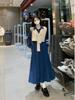 Elegant Denim Blue Dress for Women - New Autumn Slimming Preppy Style Two-Piece Vest and Skirt Set