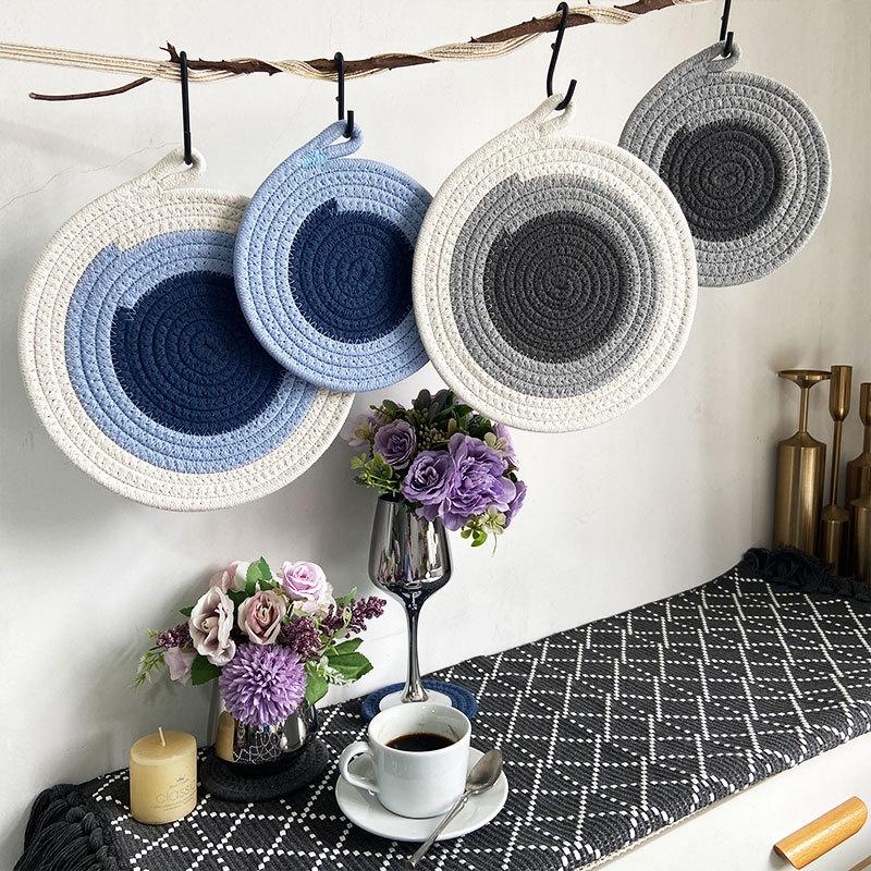 Contrasting cotton rope placemat pastoral thickened thermal insulation pad cotton and linen woven table mat household heat-resistant and anti-scalding