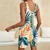Women Plus Size Scoop Neck Sleeveless Abstract Leaf Print Loose Short Romper With Patch Pockets