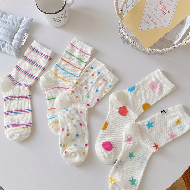 Ladies Spring and Summer Thin Striped Star Color Polka Dot Lovely Breathable Mesh Hollow Tube Stack Socks
