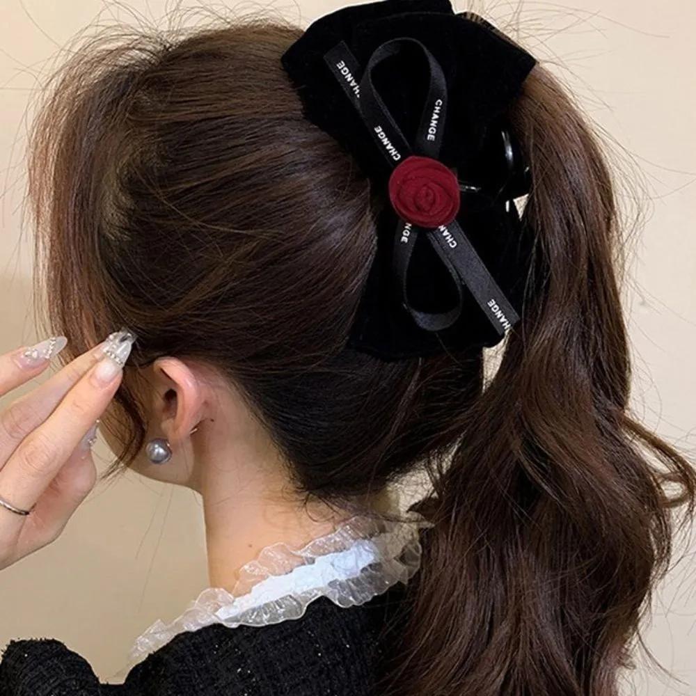 Women s beauty rose bud velvet ribbon hair clip hairpin Red