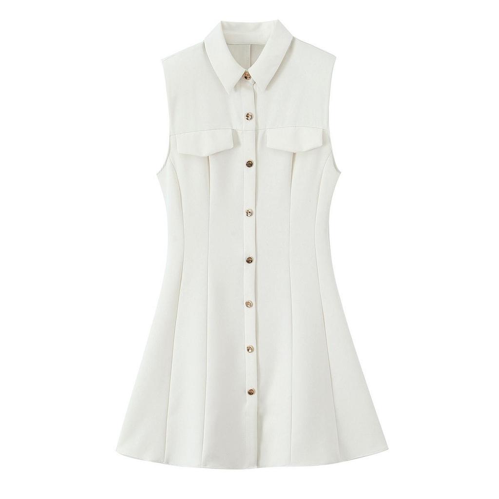2025 Frühling Damen Ärmelloses Mini Hemdkleid mit goldenen Knöpfen