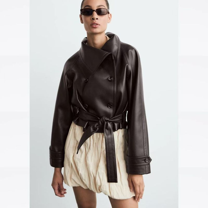 Za Autumn New Women Clothes 2025 Western Style Fashion Lapel Belt Short Leather Wind Coat Outerwear 87070651