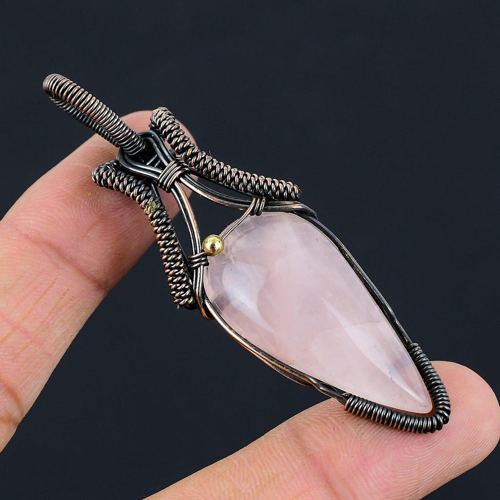 Rose Quartz Gemstone Pure Copper Wire Wrapped Handmade Pendant Jewelry For New Year Gift