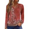 Women's Casual Fashion V-Neck Raglan Pleated Retro Printed Long Sleeve Top