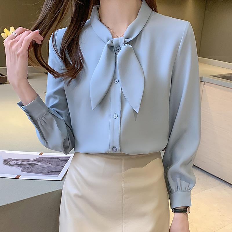 2025 Spring Women Blouses Shirts Long Sleeve Bow Collar Office Lady White Chiffon Blouse  Shirt Women Tops J769