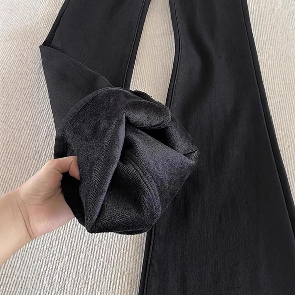 Women's Black High Waist Micro Flare Velvet Jeans - Autumn/Winter 2025, Slimming Elastic Wide Leg Pants.