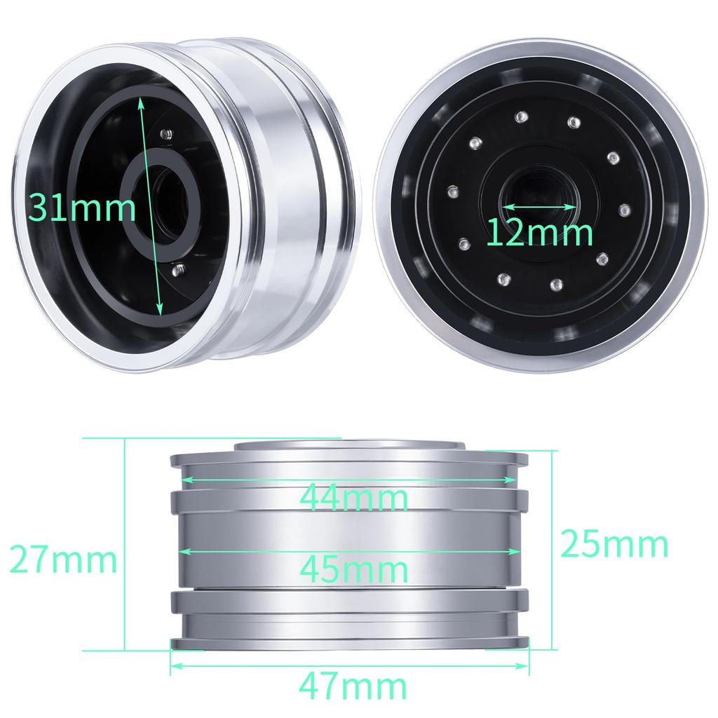 TRZX 4-Piece Aluminum Front Wheel Rim Upgrade Parts for 1/14 Tamiya Trailer Truck RC Car (4 Pieces)