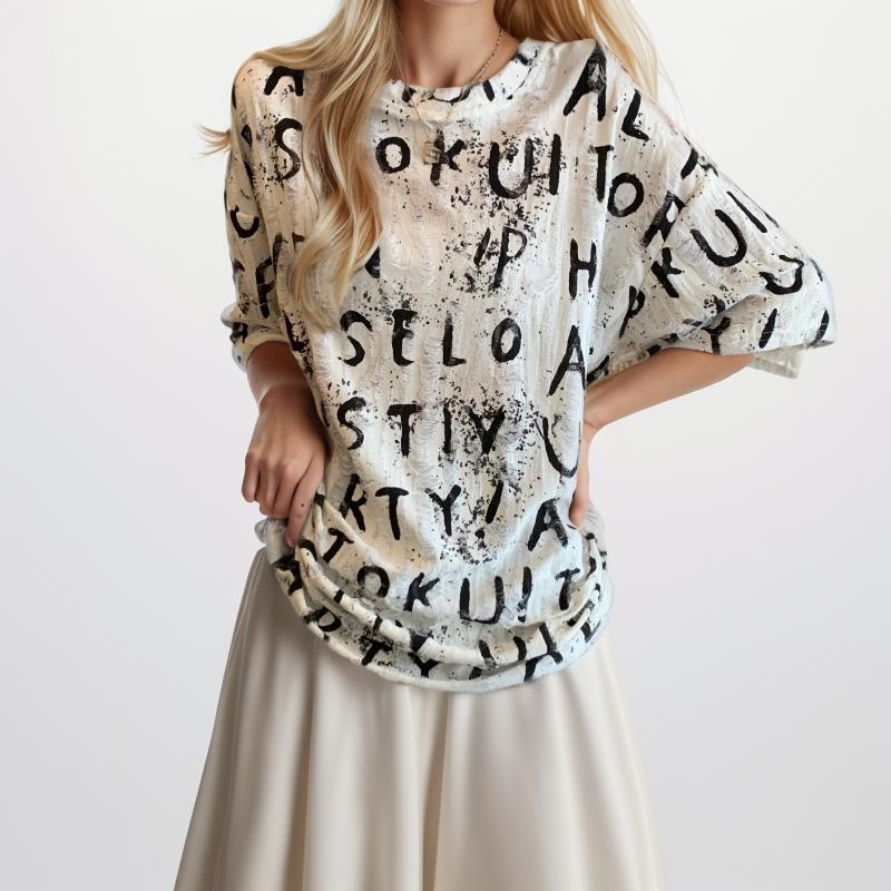 

DIMANAF 2024 Плюс Размер Короткая Футболка Повседневная Рубашка Женская Одежда С Принтом Короткий Рукав Белый Свободный Топ с Буквами Напечатанный L белый