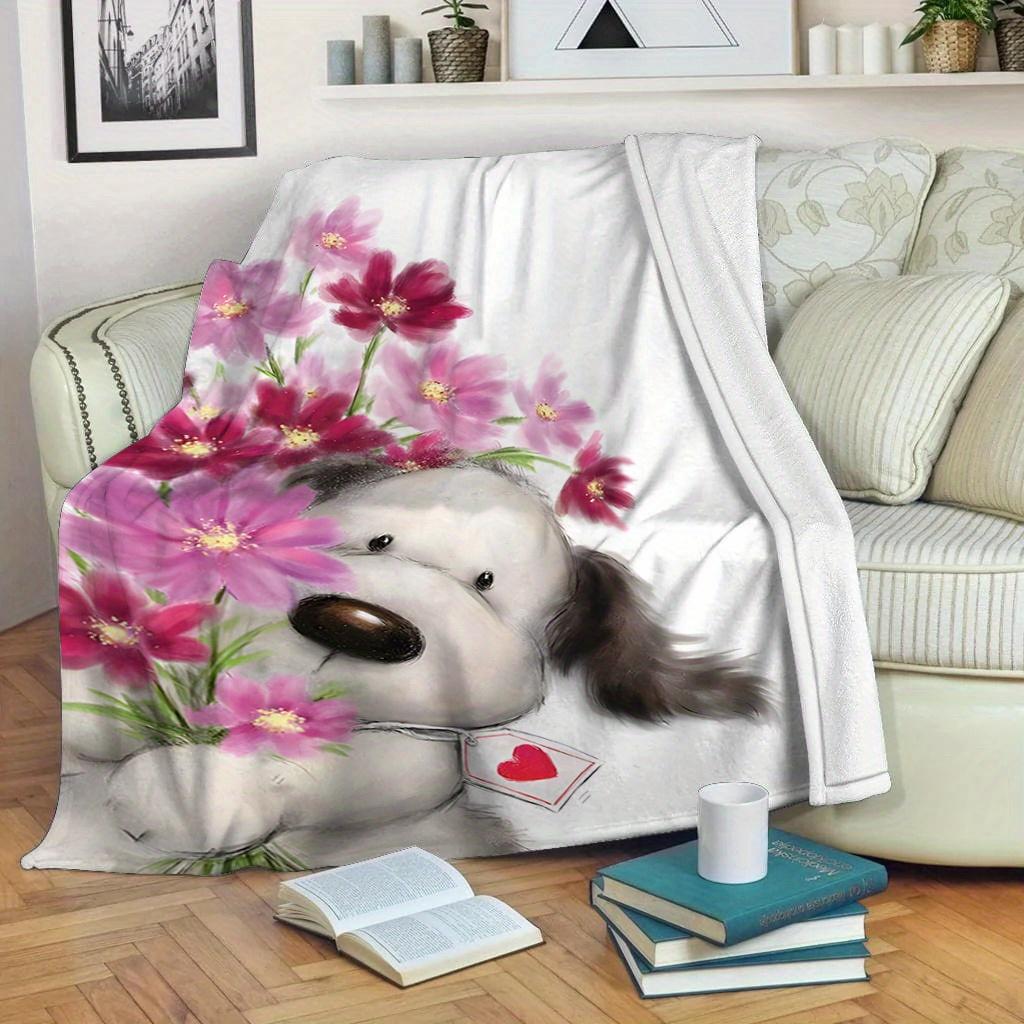 Interesting puppy flower pattern Flannel printed blanket suitable for all seasons suitable for living room office sofa travel