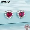 WOSTU Statement Jewelry 925 Sterling Silver Huge Ruby Red AAA Zircon Heart Stud Earrings Women Wedding Engagement Jewelry Gift