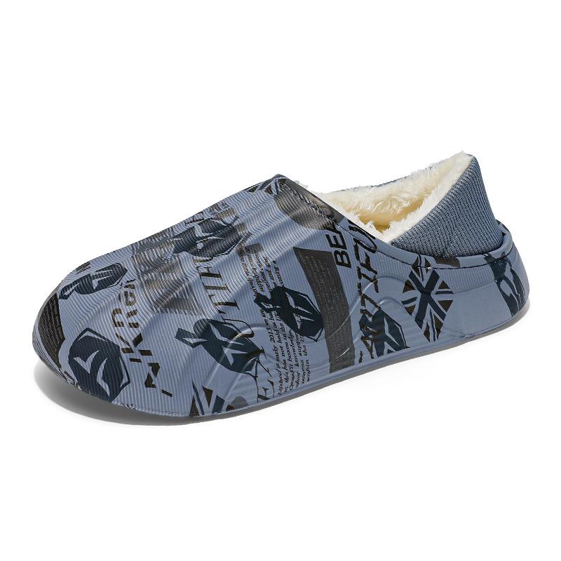 Flow printing cotton mop winter velvet large size bag heel cotton shoes men's indoor non-slip thick-soled slippers