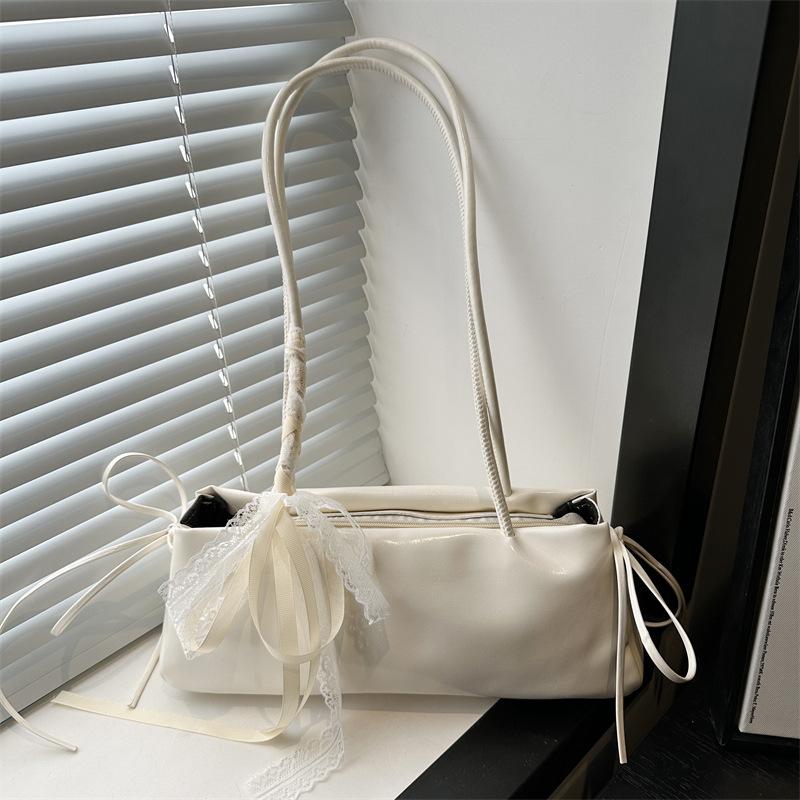 Fashi Bow Lace Ribbs Pu Shoulder Bags for Women Versatile Commuter Ladies Underarm Bag Solid Color Female Handbags Purse
