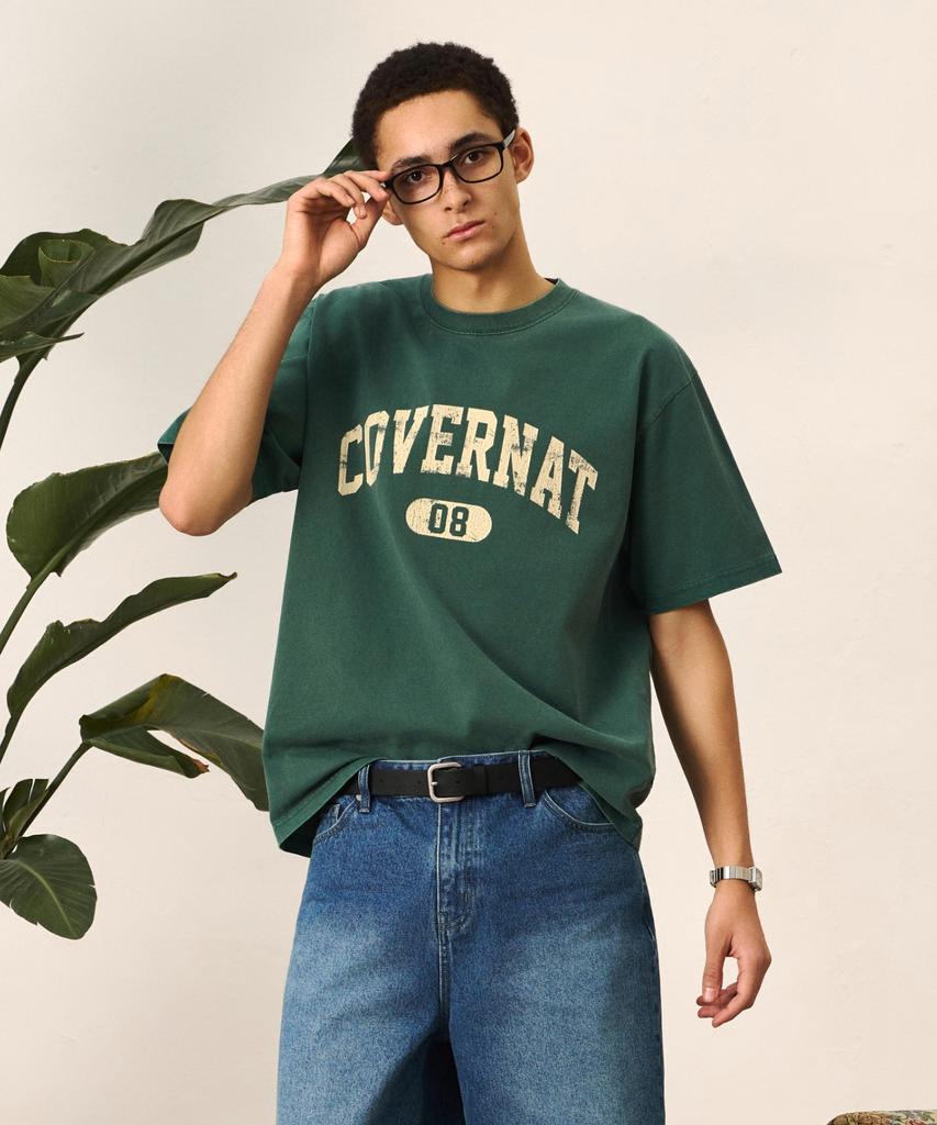 COVERNAT Cracked Arch Logo Dyed T-Shirt Charcoal