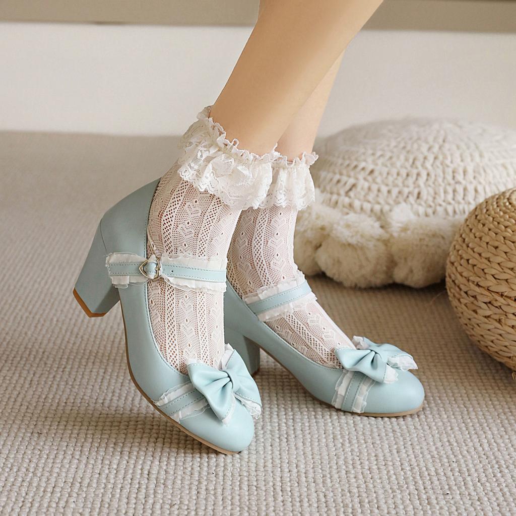 Autumn New Women's High Heels Sweet Lace Bow Princess Fashion Party Shoes Buckle Thick Heels Ladies Wedding Pumps Size 32-48